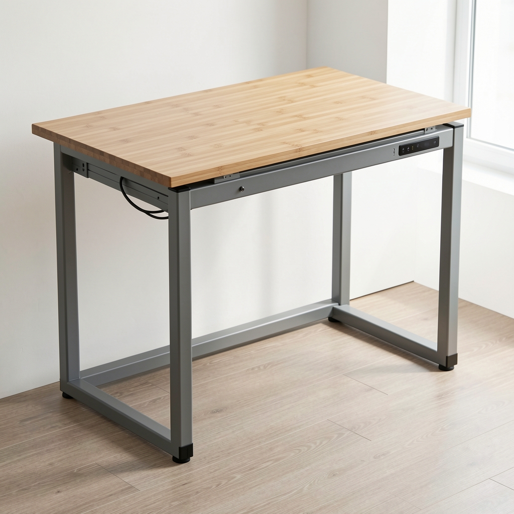 Birou reglabil electric cu blat bambus natural 140x70cm, structură metalică gri, cablu management integrat