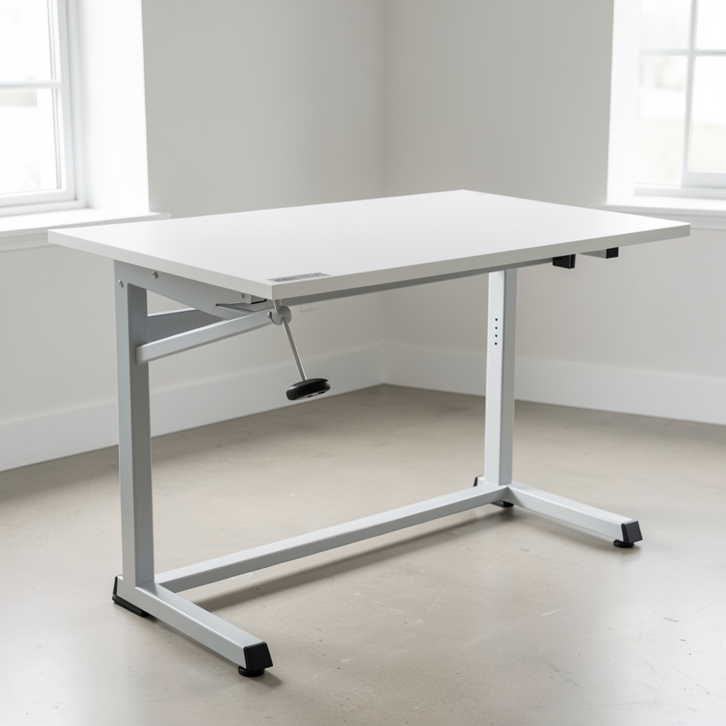 Birou reglabil manual cu manivelă 120x60cm, blat MDF alb mat, structură oțel vopsit, buget office