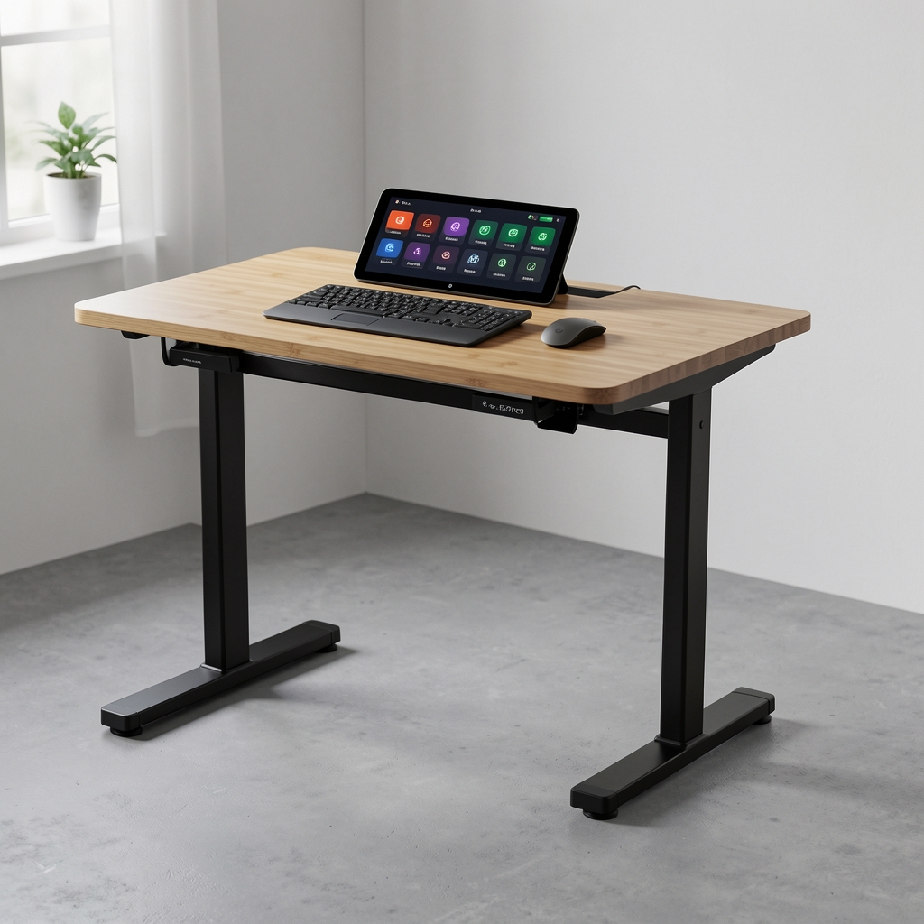 Birou electric reglabil FlexDesk Pro 160 cu blat bambus natural și structură metalică antracit, panou control touchscreen cu 6 poziții memorate, fotografiat pe fundal alb
