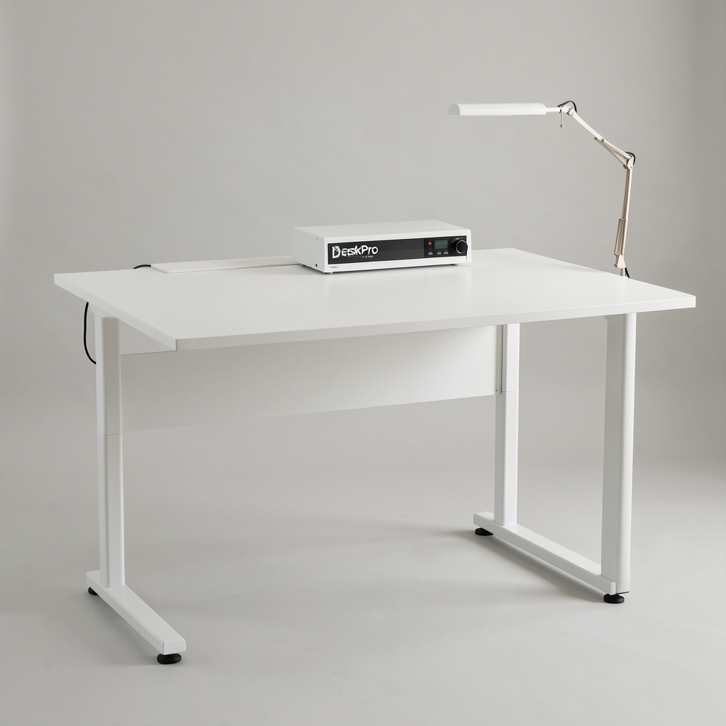 Birou de lucru electric DeskPro Studio 140 cu suprafață albă și picioare albe, testat pentru sarcini de 130 kg