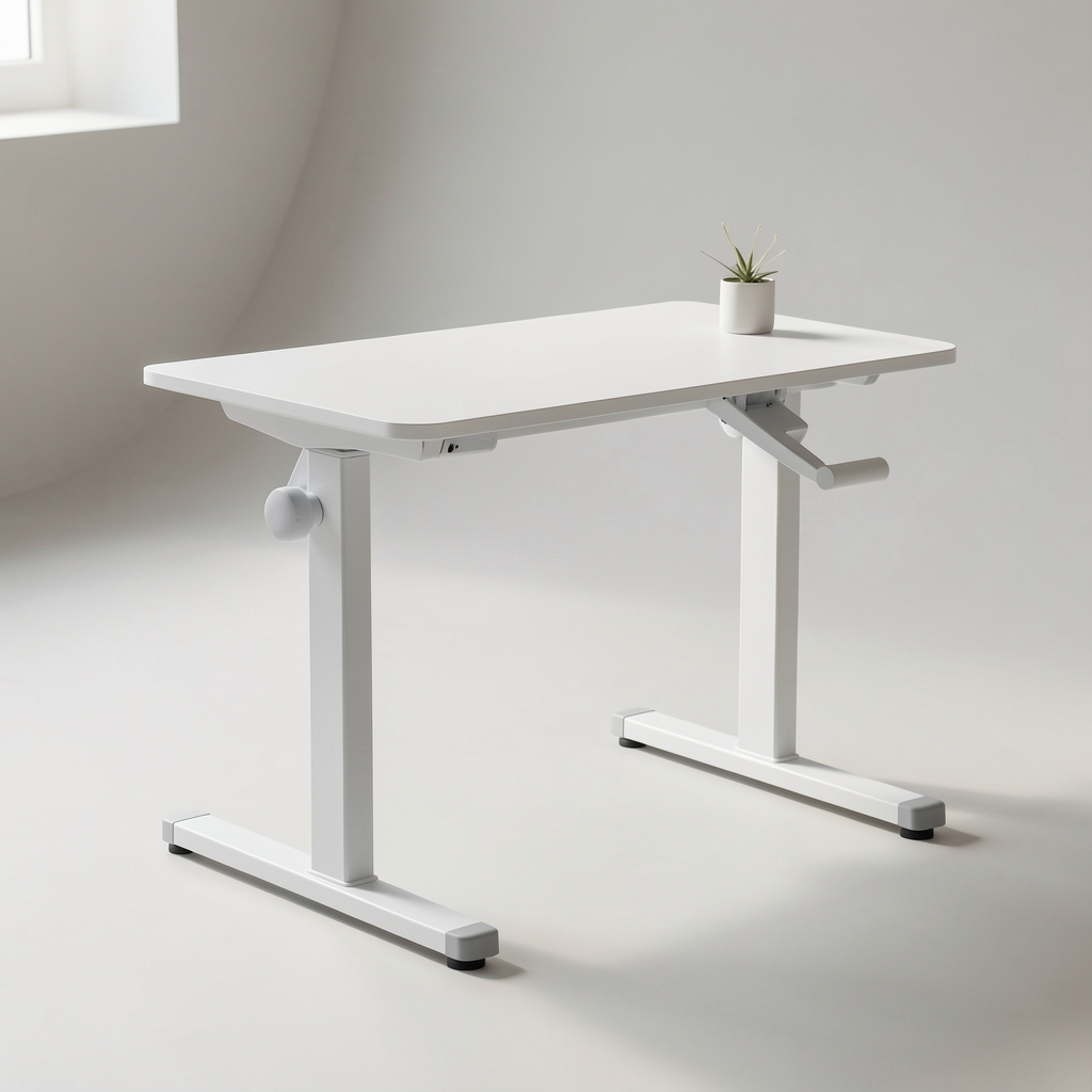 Birou RiseDesk Compact 120 — birou reglabil manual cu manivela, design minimalist alb