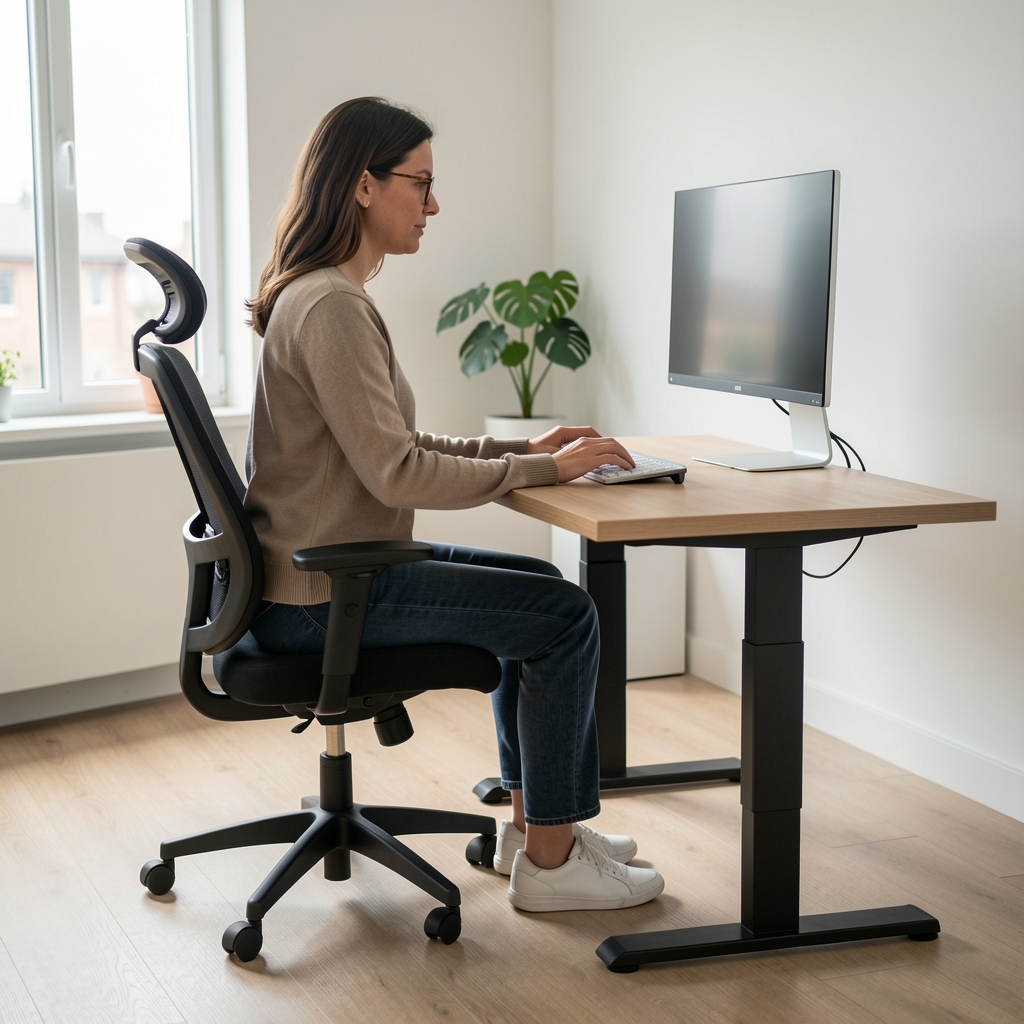 Persoană în poziție ergonomică corectă la birou reglabil pe înălțime cu scaun ergonomic cu cotiere reglabile, monitorul la nivelul ochilor și tastatura în față, picioarele plate pe podea