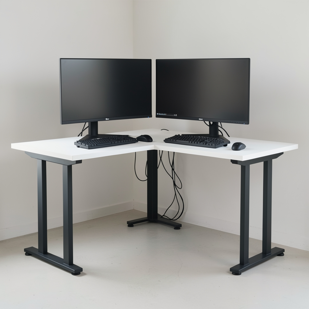 Birou reglabil electric în formă de L cu blat MDF alb 200x180cm, motor dual QuietDrive, ideal pentru setup dual monitor