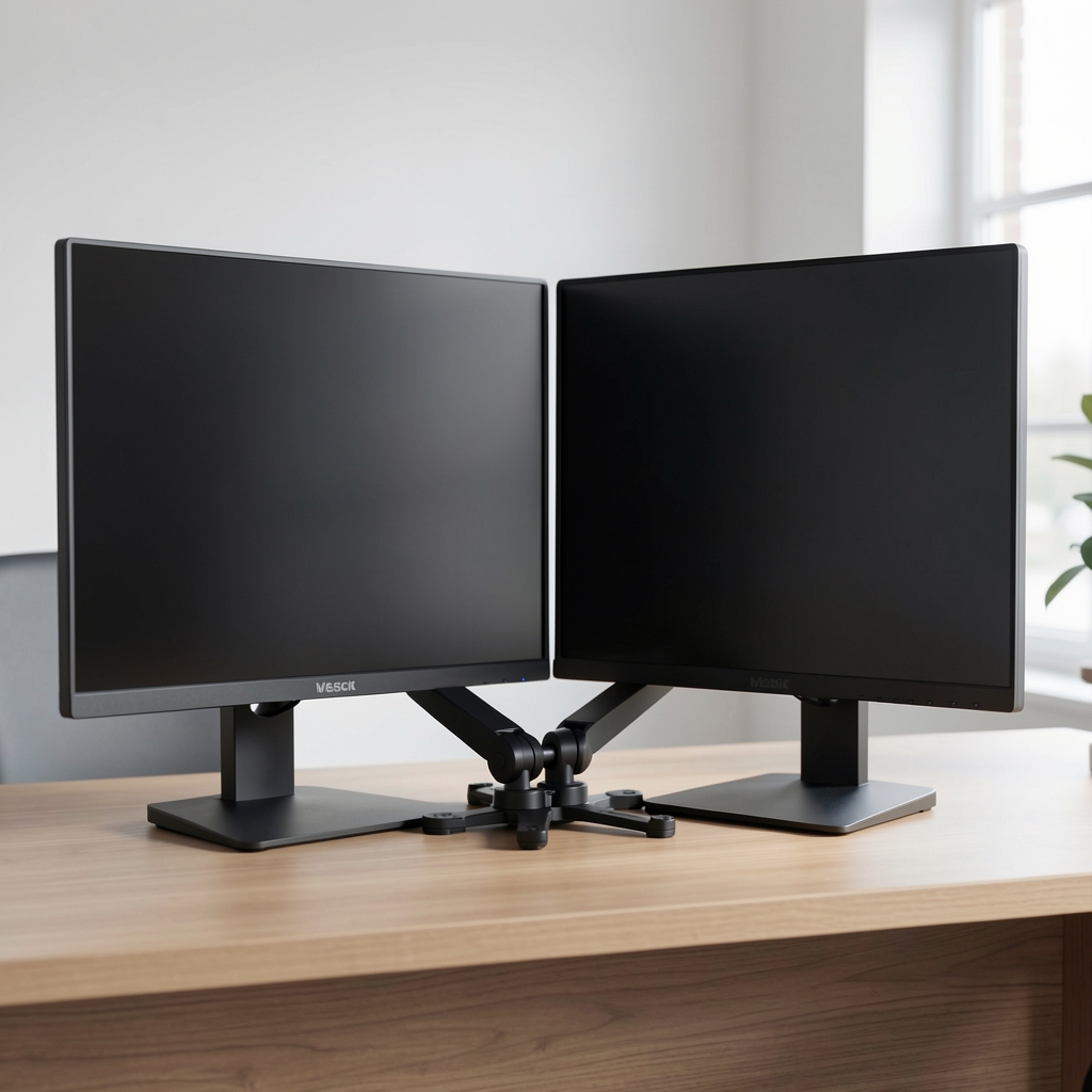 Brat dual pentru doua monitoare cu clema birou, articulatie cu frictiune, VESA 75 si 100mm, suporta pana la 9kg fiecare, rotire 360 grade, negru mat