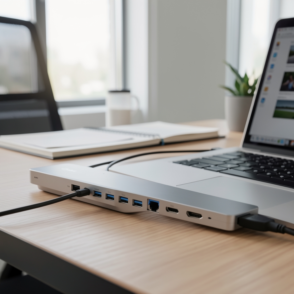 Docking station modern cu multiple porturi USB-C, HDMI și Ethernet conectat la laptop pe birou de lucru profesional