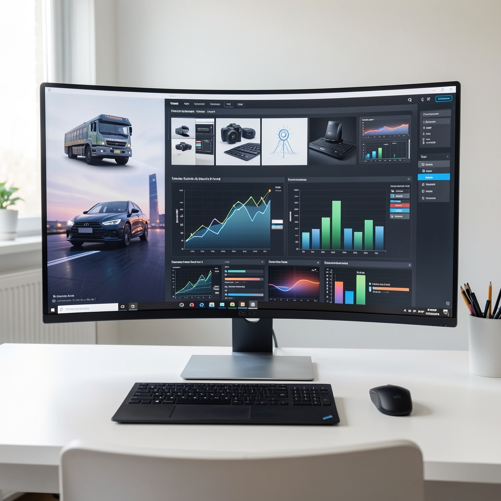 Monitor ultrawide curbat 34 inci pe birou de lucru alb cu ecran IPS luminat și conținut grafic profesional afișat