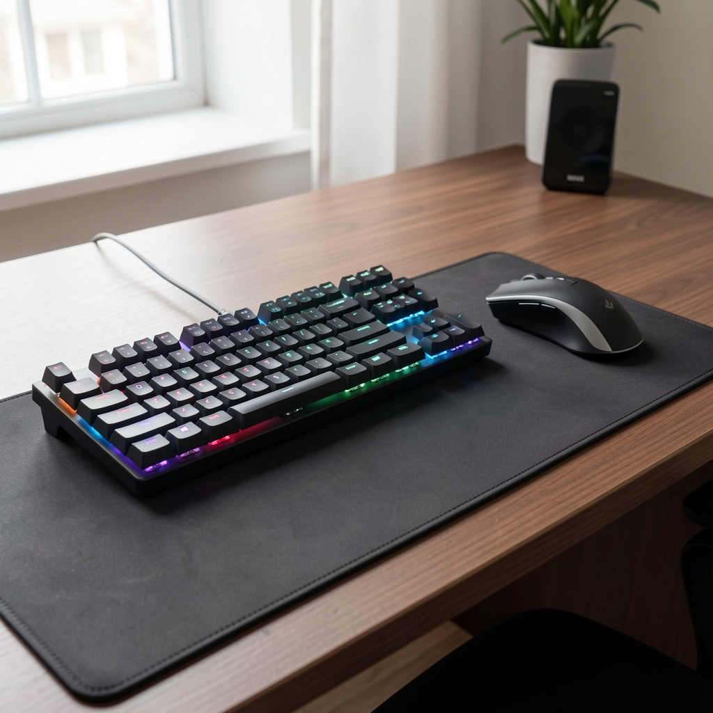 Tastatură mecanică wireless premium cu taste individuale iluminate RGB și mouse ergonomic fără fir pe pad mare de birou