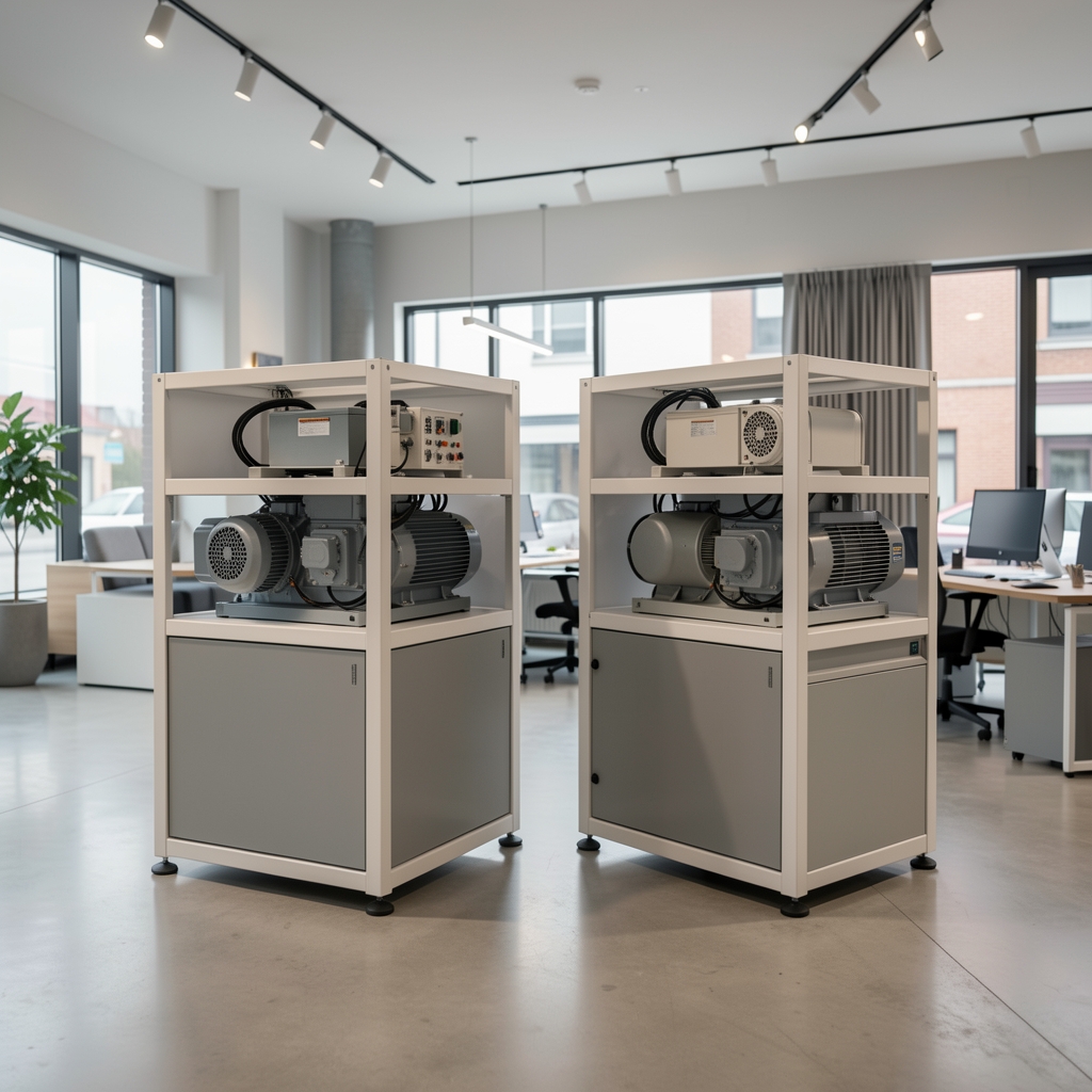 Două birouri reglabile pe înălțime plasate alăturat pe un showroom modern: model cu un motor la stânga și model cu două motoare la dreapta, pentru comparație vizuală directă