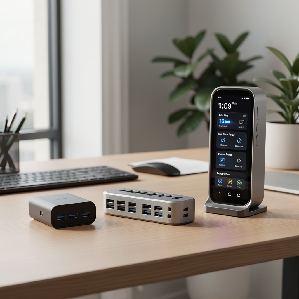 Trei docking station-uri USB-C diferite pe birou modern: model compact cu 6 porturi, model hub cu 12 porturi și stație de andocare verticală premium cu afișaj LED pentru status conectivitate