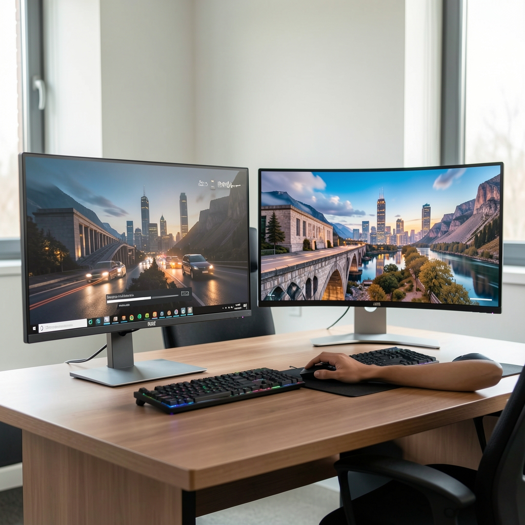 Comparație monitoare profesionale: monitor IPS 27 inch QHD standard alăturat cu monitor ultrawide curbat 34 inch, ambele pe birouri identice pentru evaluare obiectivă
