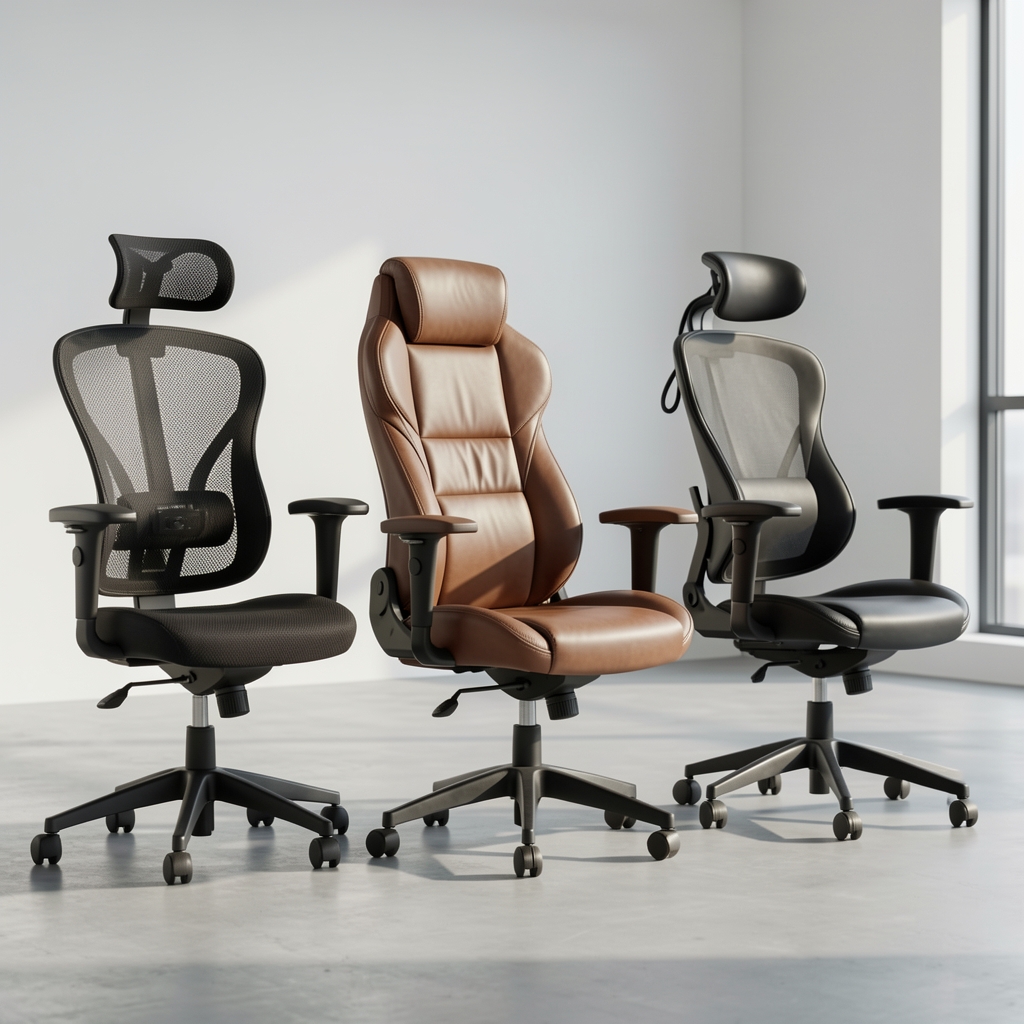 Trei scaune ergonomice de birou în linie: model mesh cu suport lombar reglabil, model executiv cu tapițerie din piele ecologică și model cu suport pentru cap și cotiere 4D