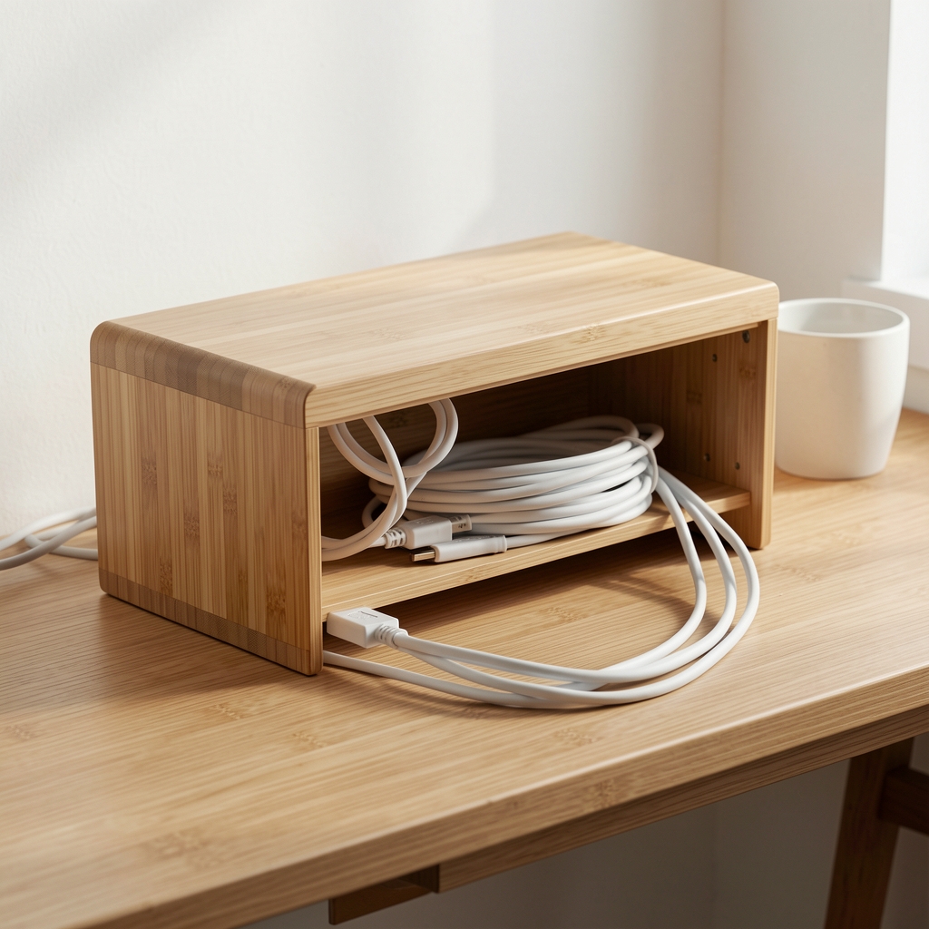 Cutie organizare cabluri desktop cu capac, bambus natural, 35x13cm, ascunde prelungitor si cabluri, design minimalist pentru birou