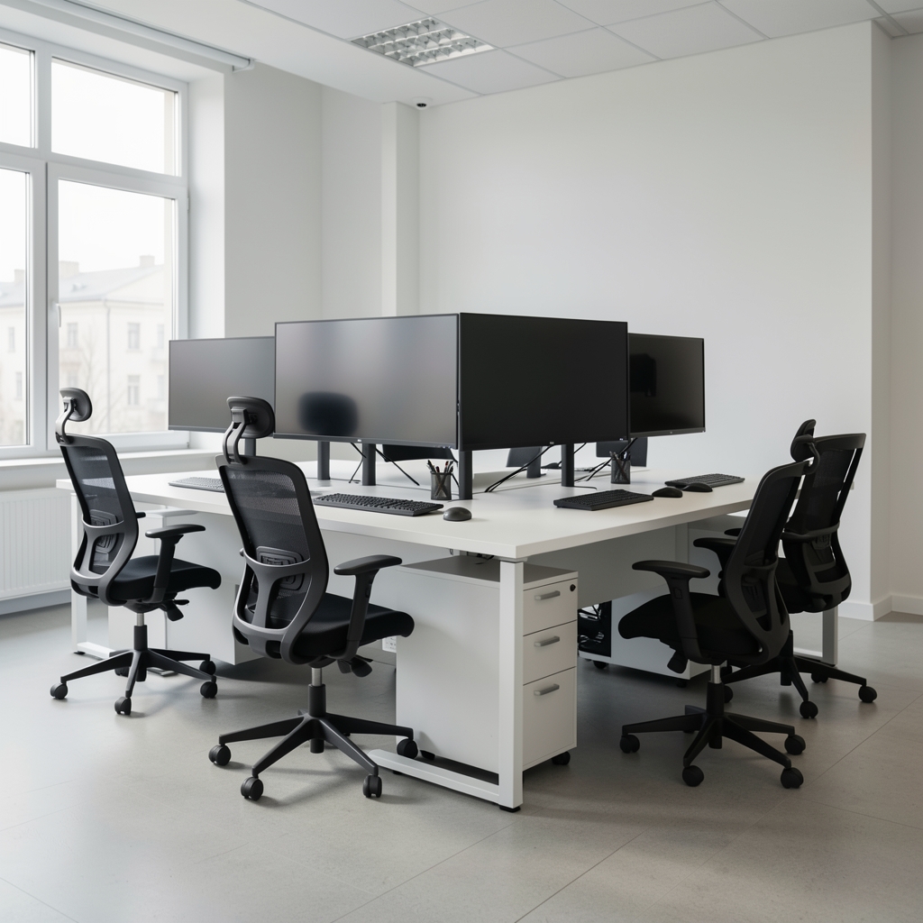Showroom Rynvera Oradea cu birouri ergonomice reglabile, scaune profesionale și monitoare ultrawide expuse
