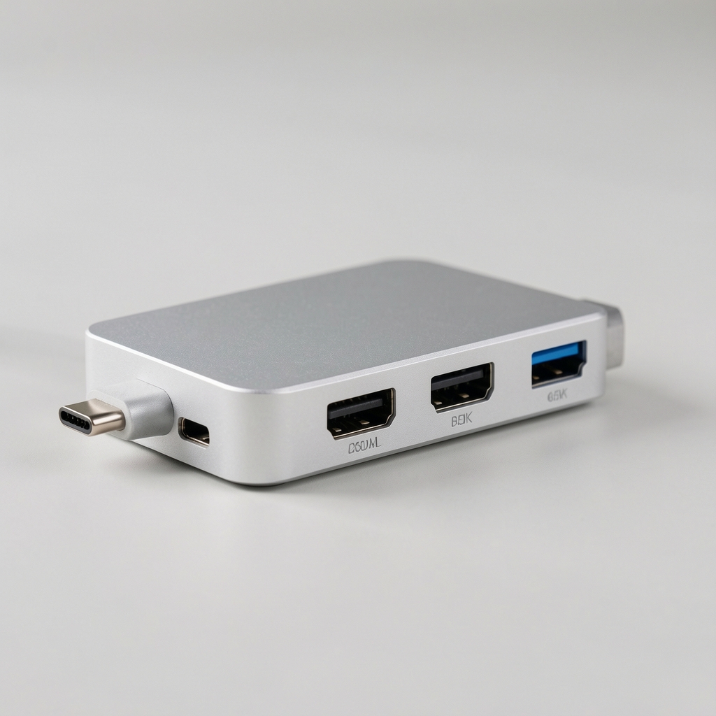 Hub USB-C compact 7 porturi cu HDMI 4K, USB-A 3.0, card reader SD, PD 65W, design aluminiu argintiu pentru laptop ultrabook