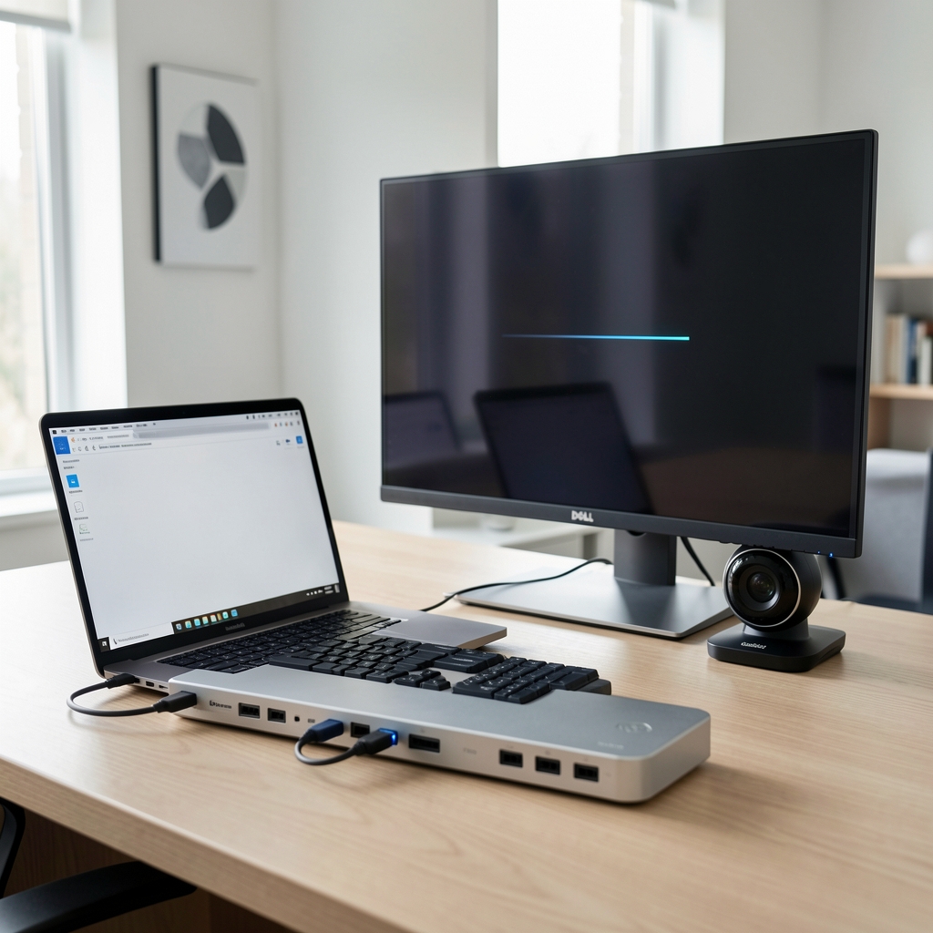 Docking station CalDigit TS4 Thunderbolt 4 cu 18 porturi pe birou de lucru modern, conectat la laptop prin cablu Thunderbolt subțire, cu monitor DELL 32 inch și webcam Logitech