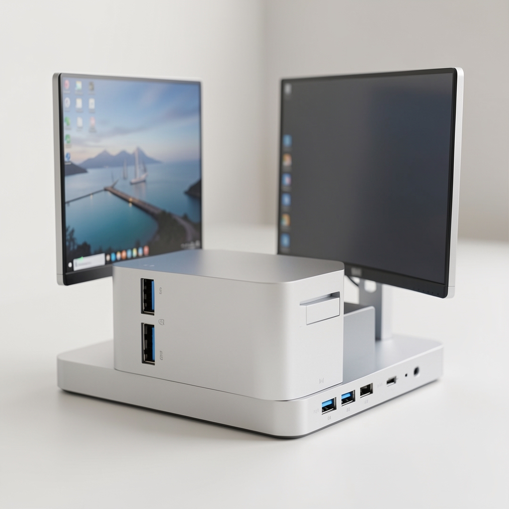 Docking station USB-C cu 12 porturi, suport dual monitor, Ethernet Gigabit, intrare putere 100W PD, design compact argintiu
