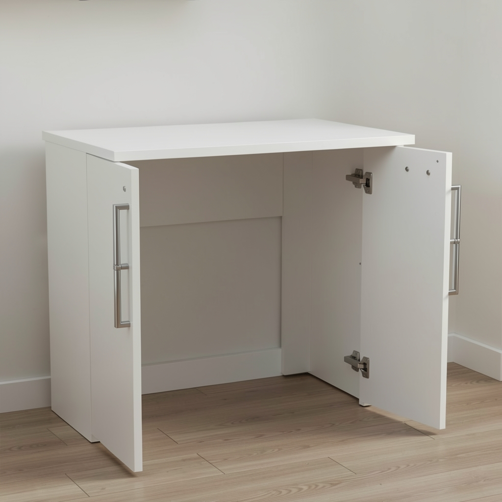 Dulap de birou cu 2 usi batante si polite reglabile, MDF alb mat cu maner cromat, H180cm L80cm, serratura inclusa