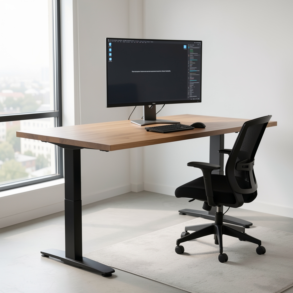 Birou ergonomic modern reglabil pe înălțime cu suprafață largă din lemn natural și suport pentru monitor în poziție ortostatică, luminate natural de fereastră mare