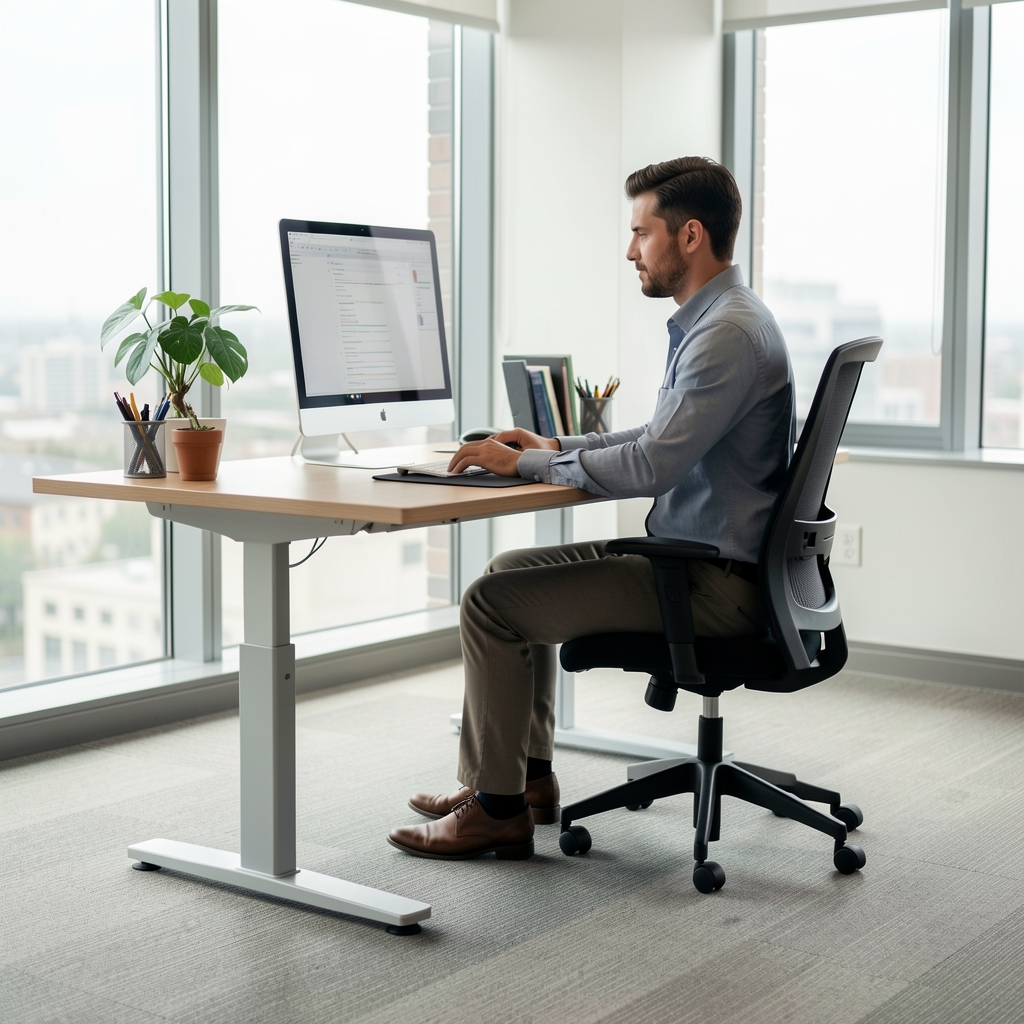 Ghid complet alegere birou ergonomic reglabil pe inaltime pentru home office si corporate, ilustratie ergonomie pozitie corecta