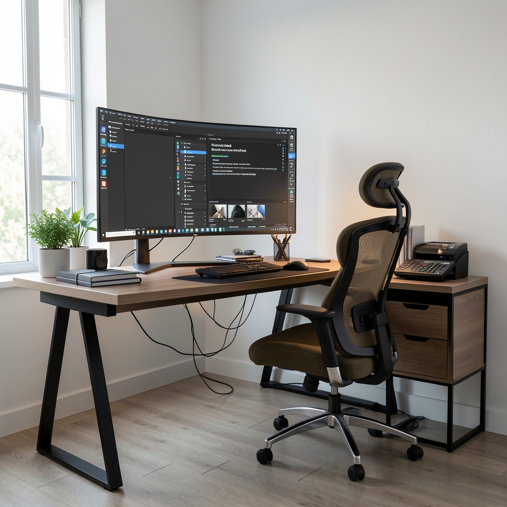 Ghid configurare home office modern cu birou ergonomic, monitor ultrawide, iluminat LED si organizare cabluri, spatiu de lucru elegant