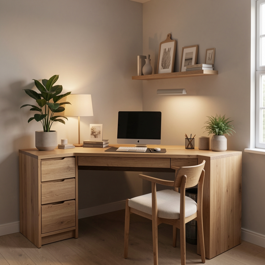 Home office elegant cu birou din lemn natural, plant decoration, iluminat indirect cald și accesorii de organizare minimalistă