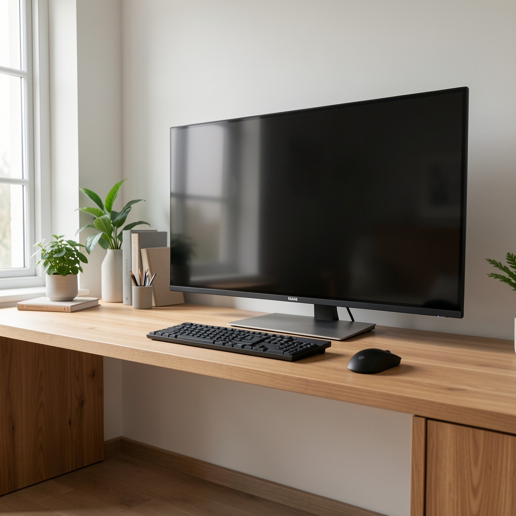 Comparație vizuală între monitor standard 27 inci și monitor ultrawide 34 inci pe același birou de lucru din lemn deschis