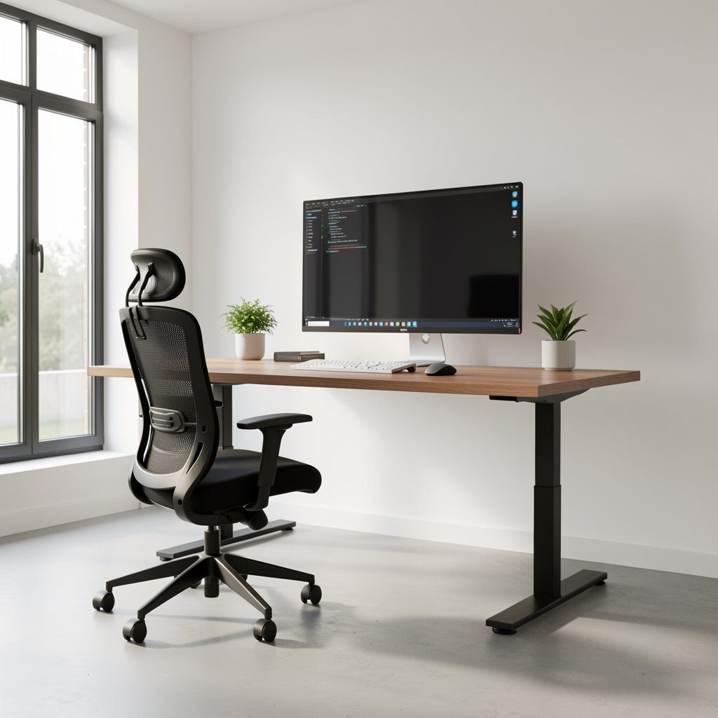 Spațiu de lucru modern cu birou reglabil pe înălțime, scaun ergonomic premium și monitor ultrawide într-un birou luminat natural cu design minimalist