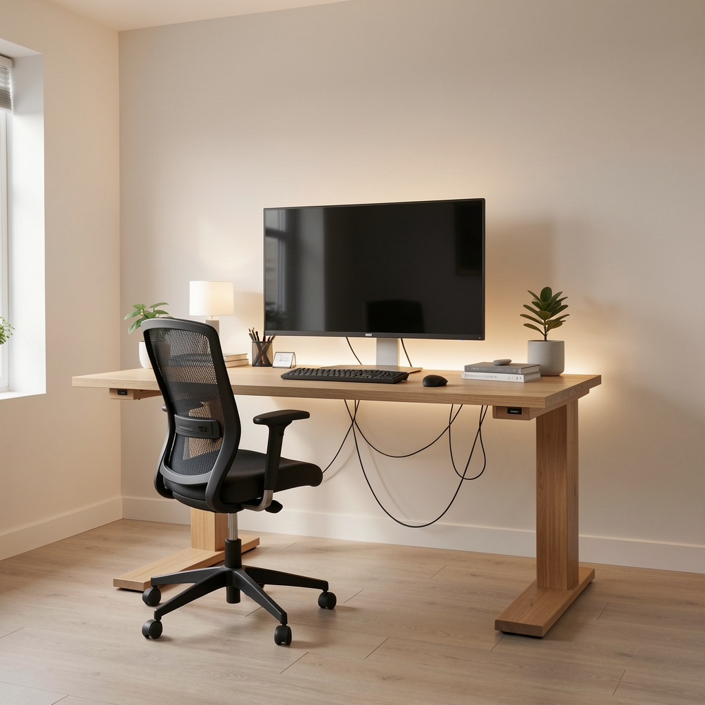 Home office modern și minimalist cu birou reglabil pe înălțime din lemn natural, scaun ergonomic mesh, monitor ultrawide 34 inch, iluminare ambientală LED pe perete și organizare perfectă a cablurilor
