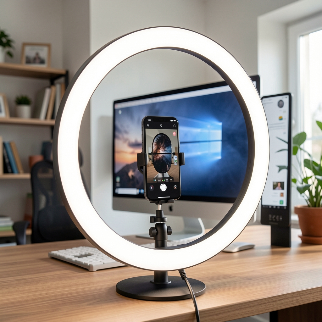 Ring light LED 26cm pentru videoconferinte si birou acasa, temperatura culoare reglabila, suport smartphone si clip monitor, USB alimentare