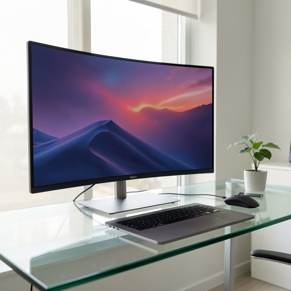 Monitor ultrawide LG 34WN80C-B cu panel IPS curbat 34 inch, rezoluție WQHD 3440x1440, conectivitate USB-C 60W Power Delivery, pe birou de sticlă cu laptop MacBook Pro