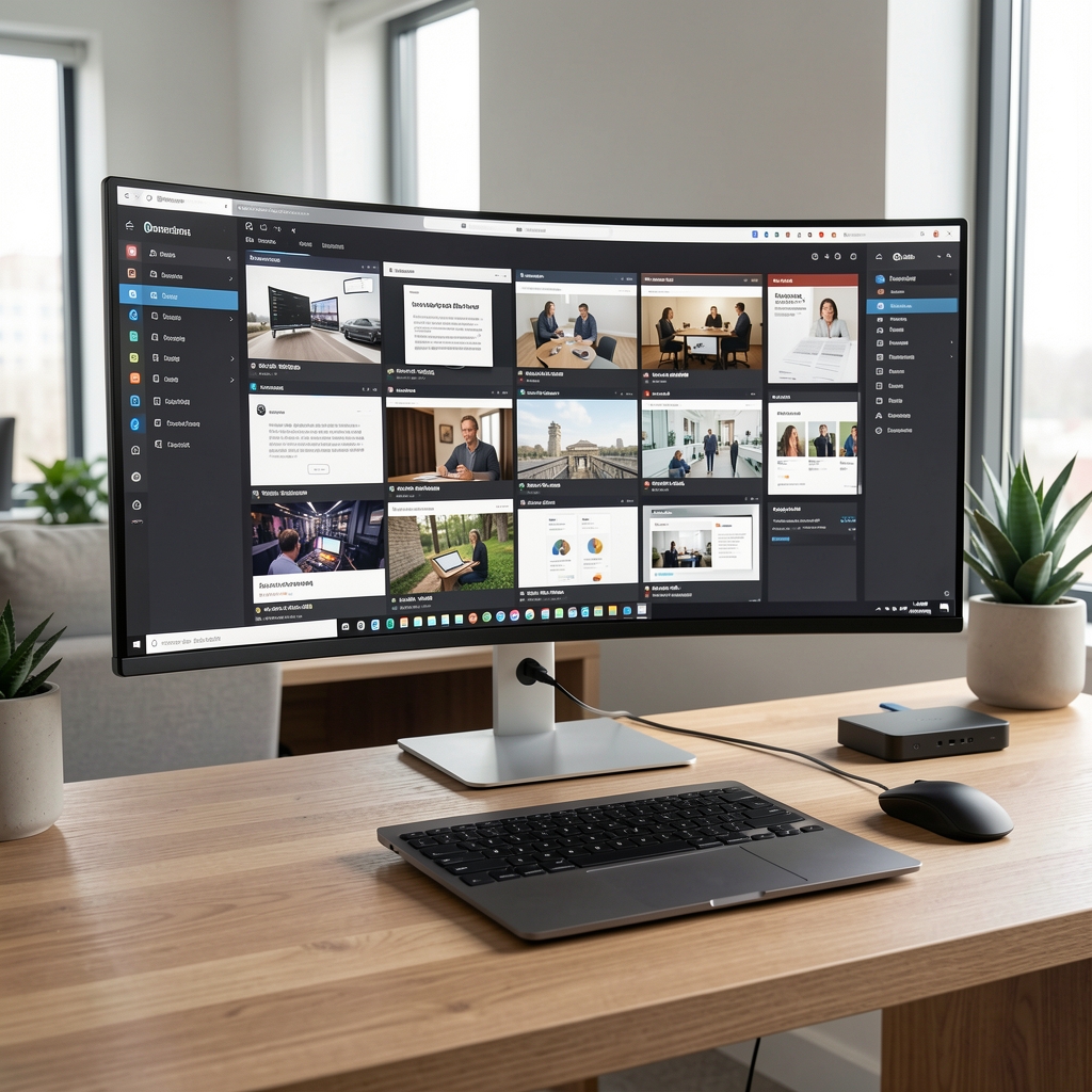Monitor ultrawide curbat 34 inch cu rezoluție QHD afișând multiple ferestre de lucru simultan pe birou modern de lemn, conectat la laptop prin USB-C cu docking station