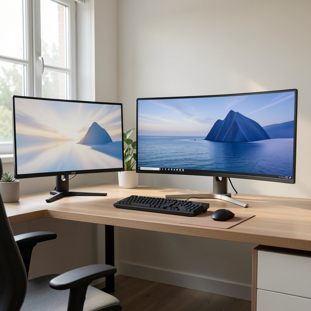 Comparație vizuală între un monitor standard 27 inch 16:9 și un monitor ultrawide 34 inch 21:9 pe același birou, arătând spațiul de lucru suplimentar disponibil pe orizontală