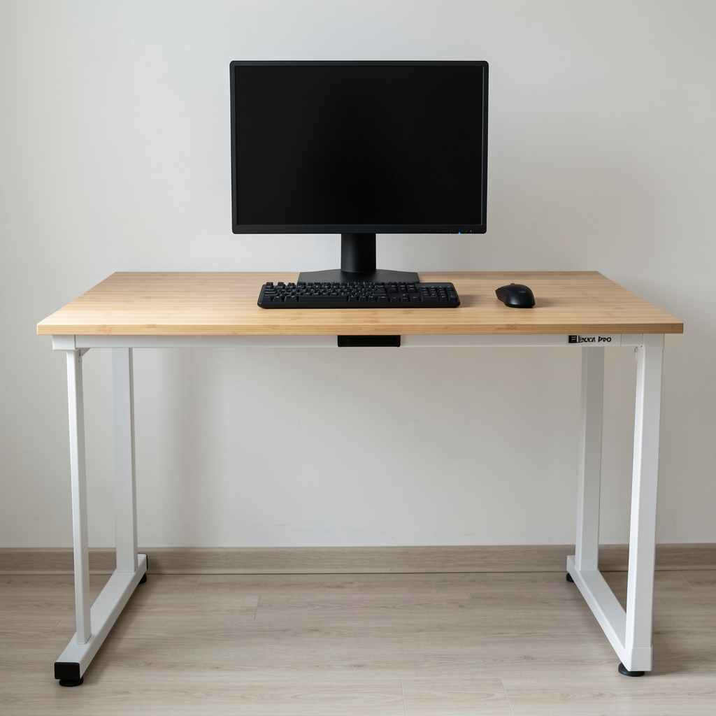 Birou reglabil electric FlexDesk Pro 160, suprafață bambus 160x80 cm, cadru oțel alb cu memorare înălțimi, vazut din față pe fundal alb