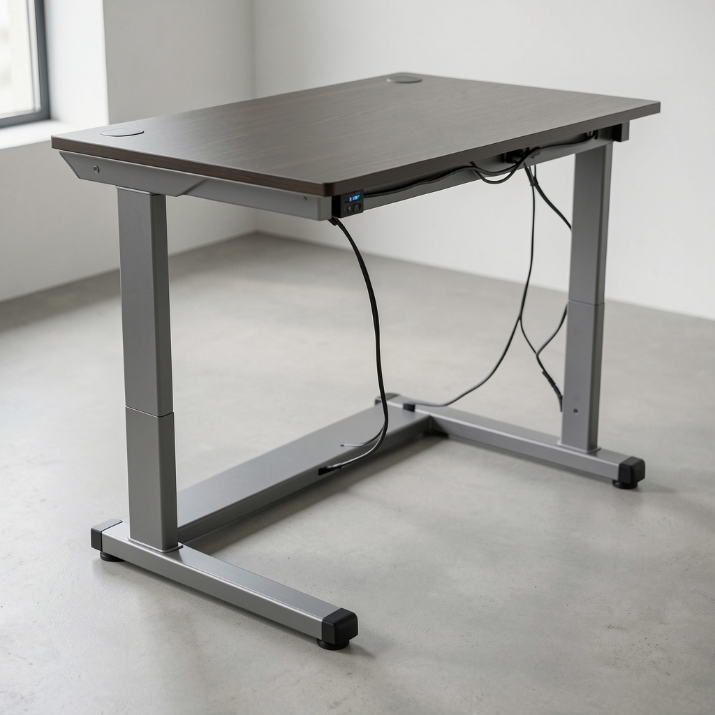 FlexDesk Pro 160 detaliu cadru metalic cu reglaj înălțime și sistem de cabluri integrat sub suprafață