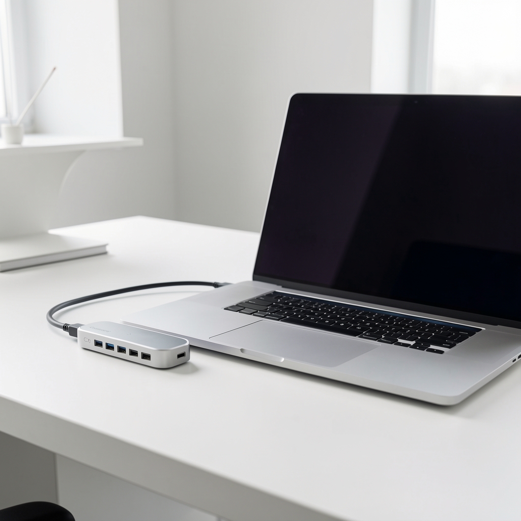 Docking station Thunderbolt 4 Caldigit TS4 cu 18 porturi conectat la laptop MacBook Pro argintiu pe birou minimalist alb