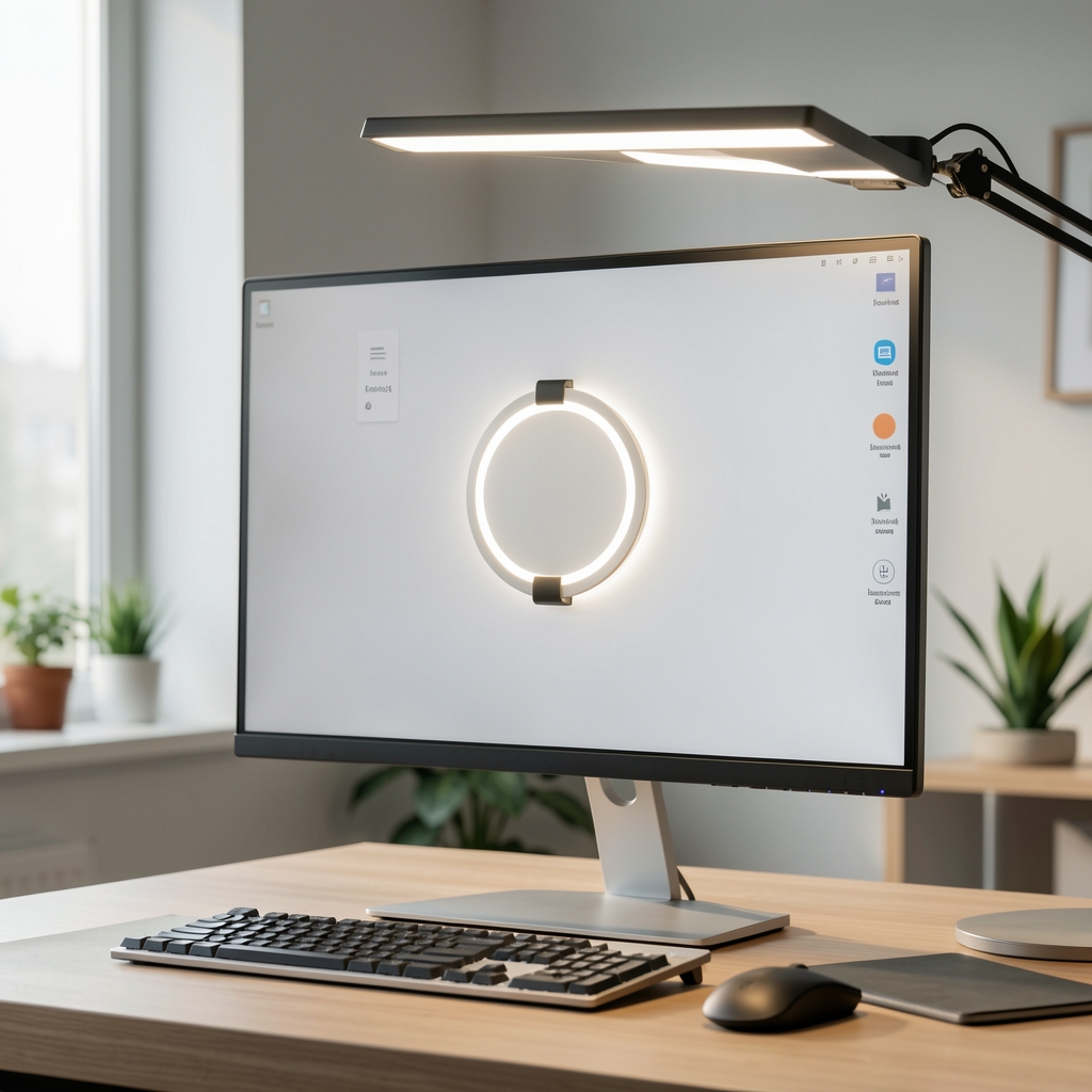 Lampă LED de birou BenQ ScreenBar Plus cu clip pe monitor și panou de control touch pe birou de lucru profesional