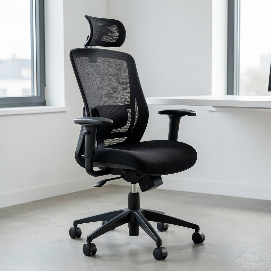 Scaun ergonomic ErgoChair Ultra cu spătar mesh respirabil negru, tetieră reglabilă, suport lombar activ și brațe 4D din plastic premium
