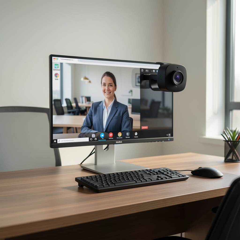 Webcam 4K Logitech Brio 500 cu autofocus AI și reducere zgomot pentru videoconferințe profesionale montată pe monitor de birou