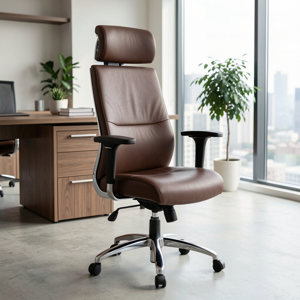 Scaun ergonomic executive din piele naturală maro, spătar înalt cu tetieră, brațe reglabile, bază cromată, pentru birouri premium