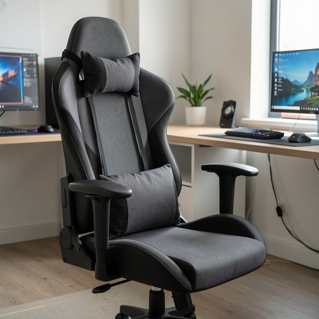 Scaun ergonomic gaming cu tapițerie textilă gri-negru, suport lombar cu pernuță, reglaj reclinare 135 grade, potrivit și pentru birou