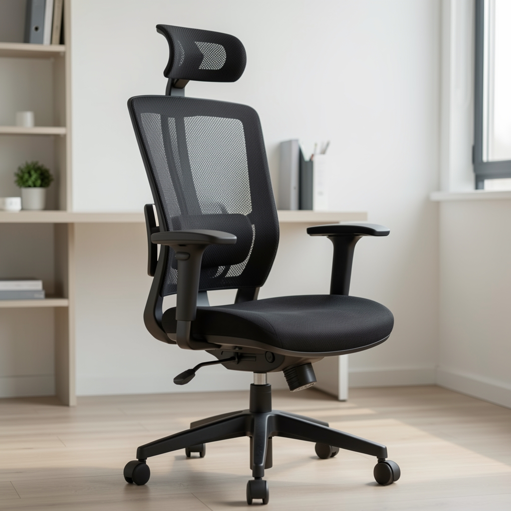Scaun ergonomic de birou cu plasă respirabilă neagră, suport lombar activ reglabil, brațe 4D și tetieră ajustabilă