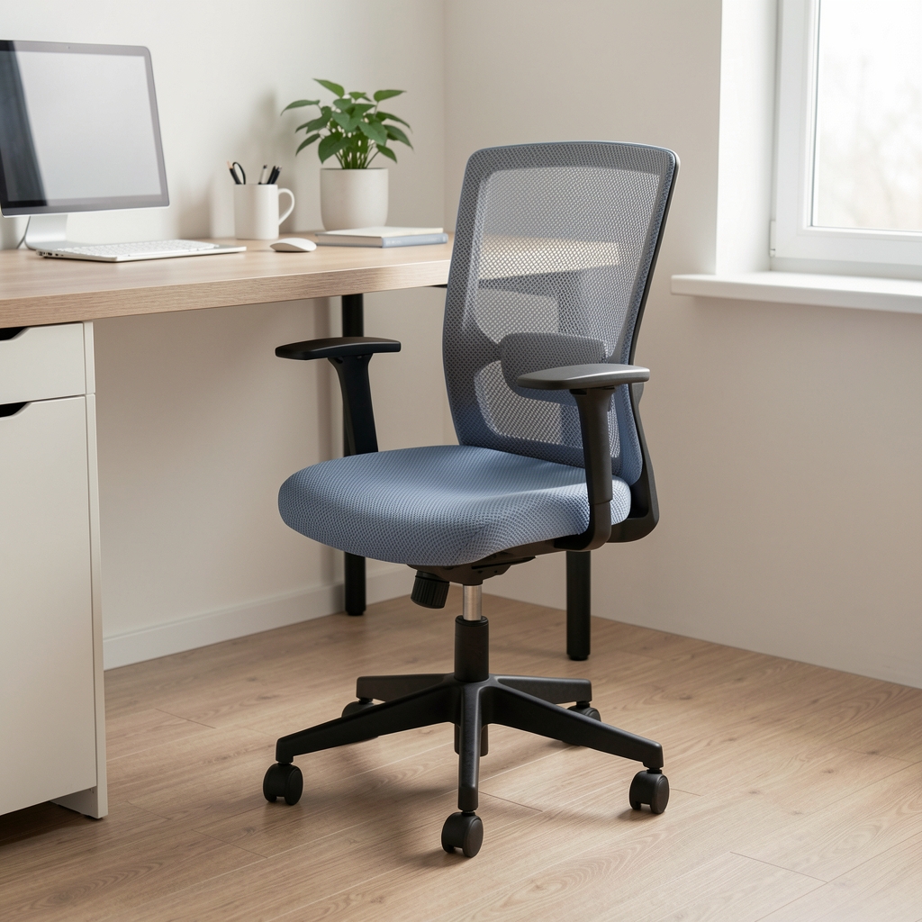 Scaun de birou compact cu plasă albastru-gri, fără tetieră, potrivit pentru spații mici și home office modern
