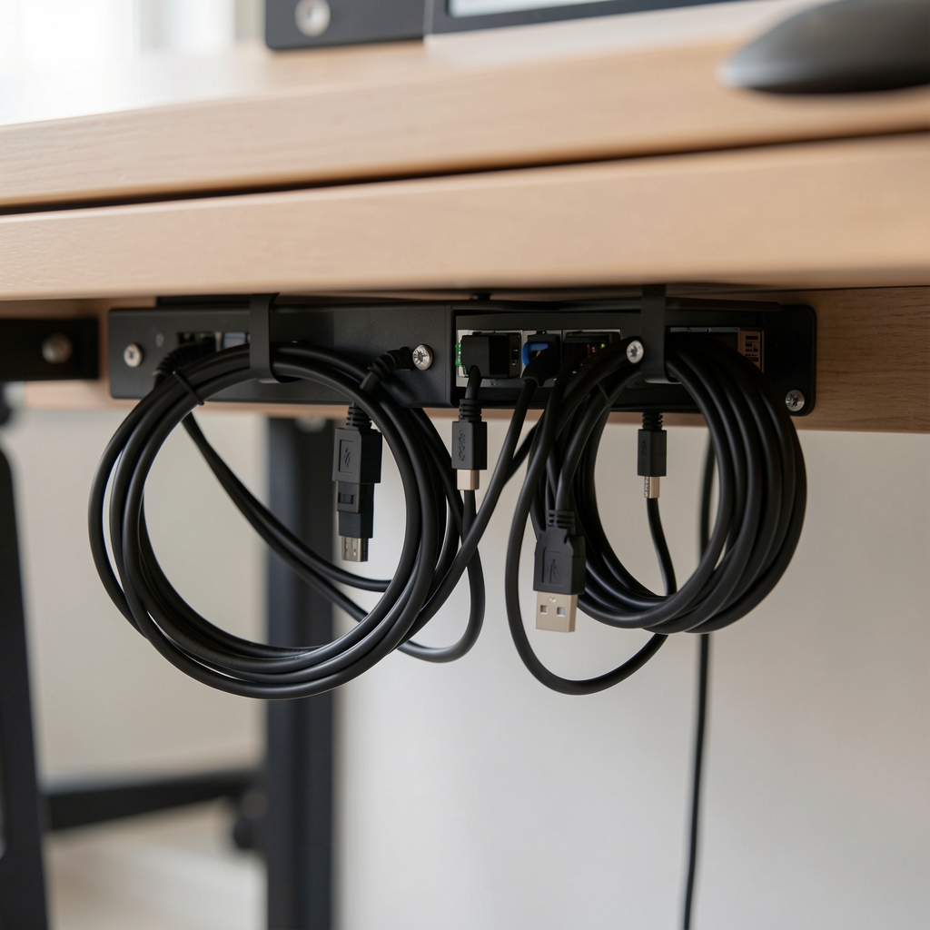 Tava metalica pentru cabluri montata sub birou cu suruburi, finisaj negru mat, lungime 60cm, capacitate mare organizare fire electrice si USB